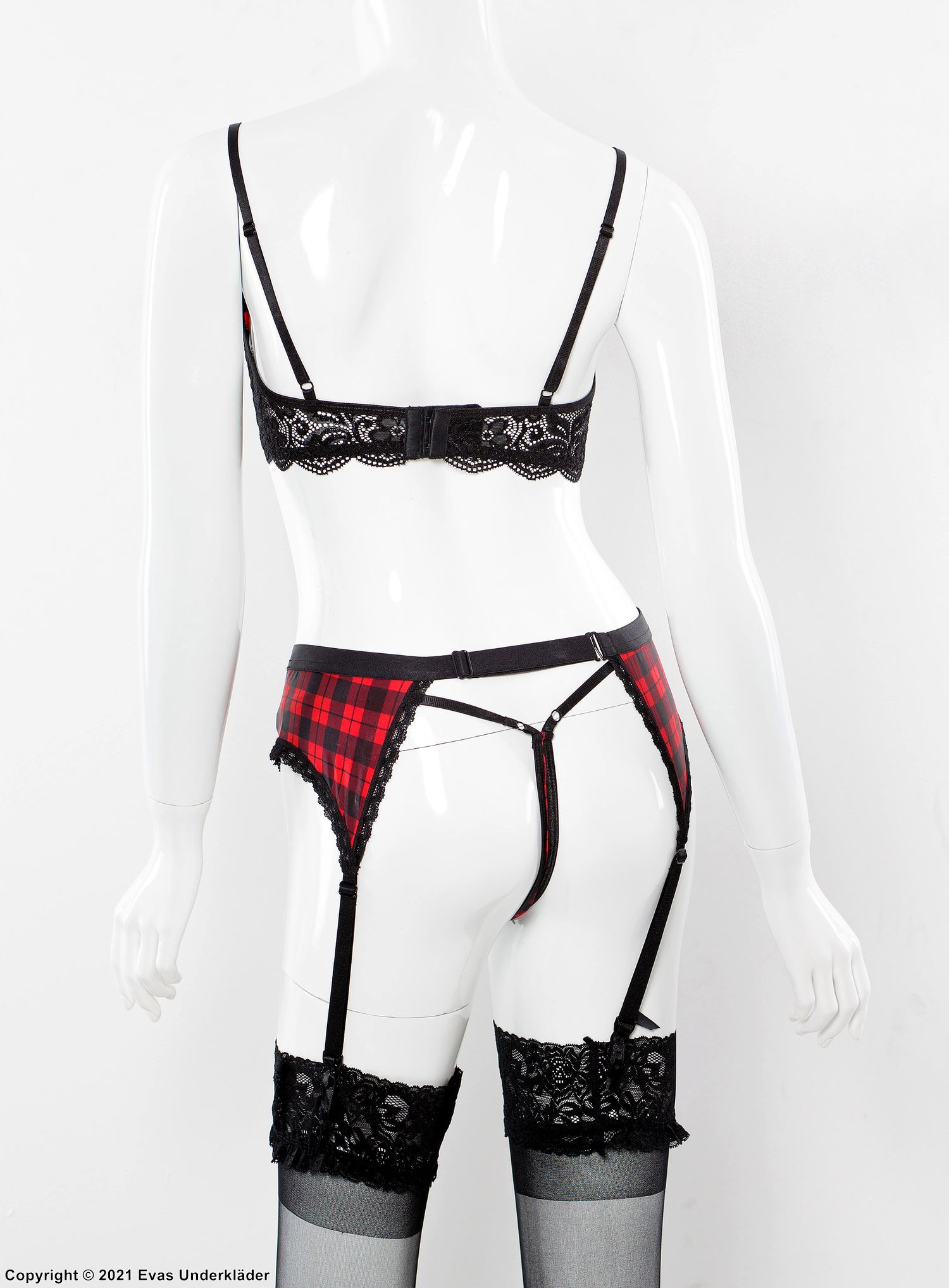 Playful lingerie set, wide lace edge, garter belt, scott pattern